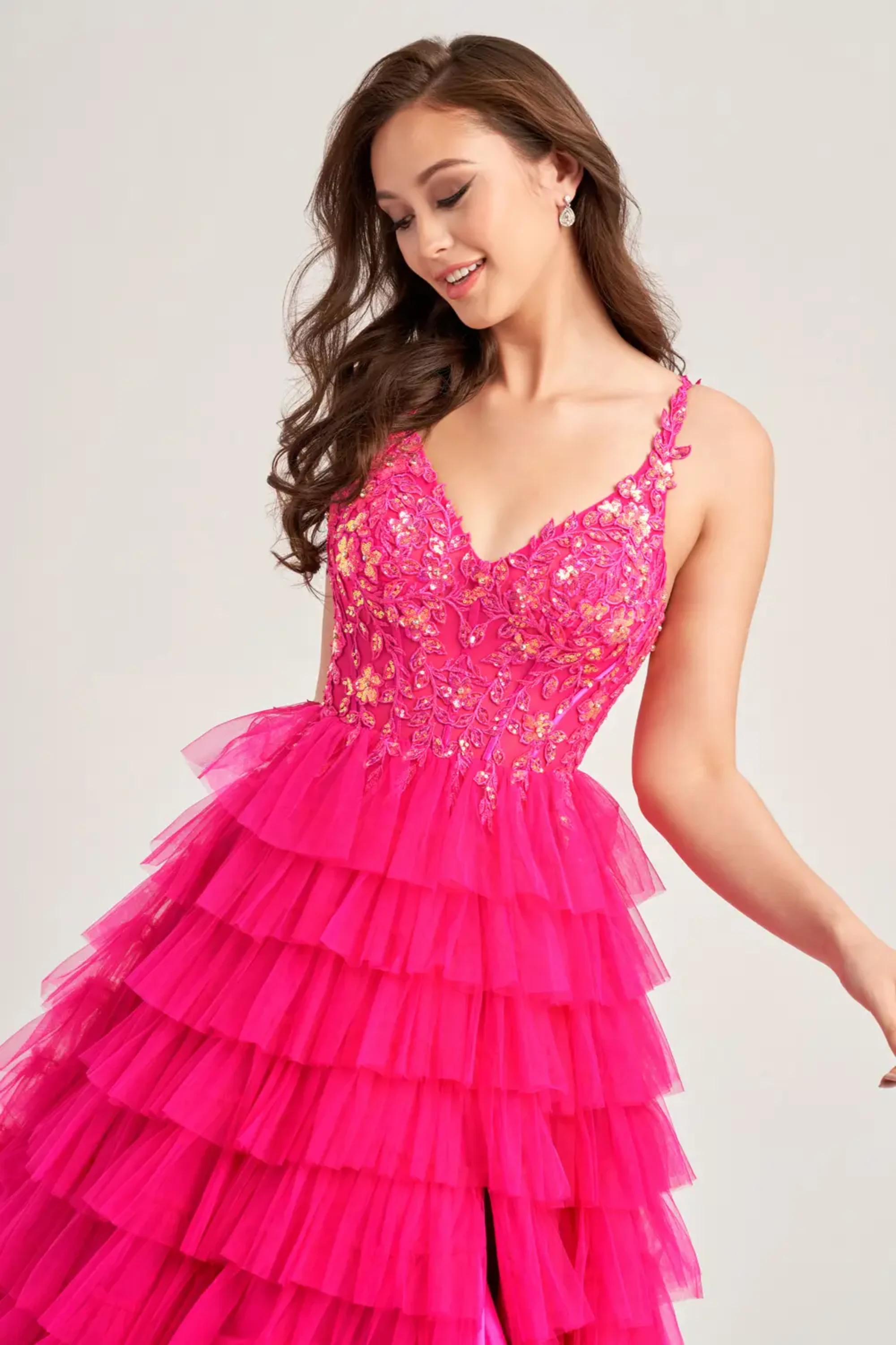 Full size EW35059 TULLE A-LINE DRESS WITH A SEQUIN V-NECK BODICE AND HIGH SLIT #7 Magenta picture