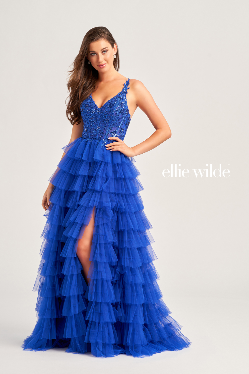 Full size EW35059 TULLE A-LINE DRESS WITH A SEQUIN V-NECK BODICE AND HIGH SLIT #5 Royal Blue picture