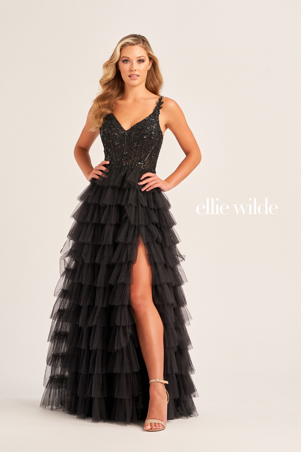 Full size EW35059 TULLE A-LINE DRESS WITH A SEQUIN V-NECK BODICE AND HIGH SLIT #6 Black picture