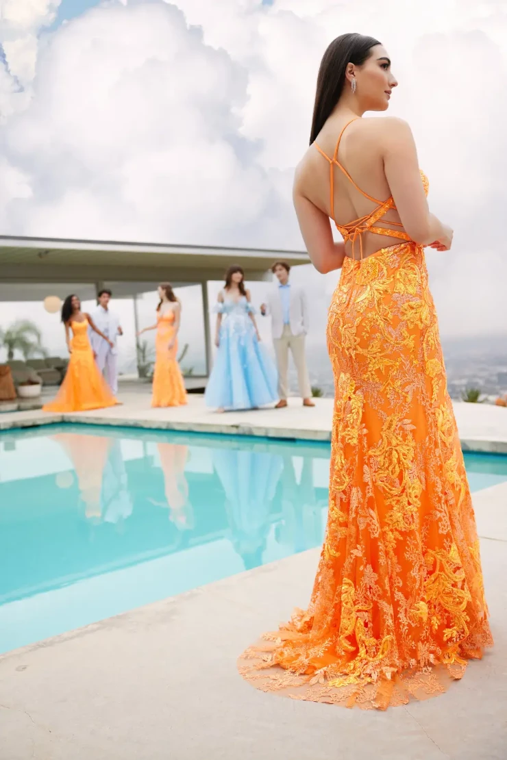 EW35060 LACE UP BACK PROM DRESS WITH A PLUNGING SWEETHEART NECKLINE #6 Orange picture