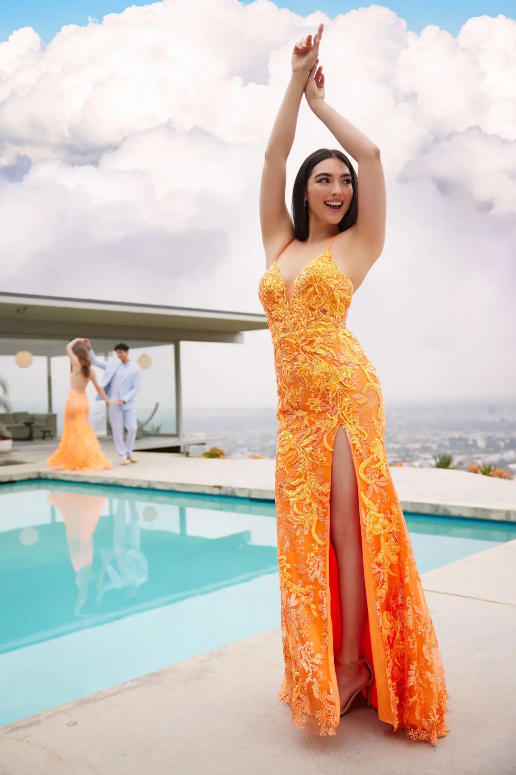 Full size EW35060 LACE UP BACK PROM DRESS WITH A PLUNGING SWEETHEART NECKLINE #7 Orange picture