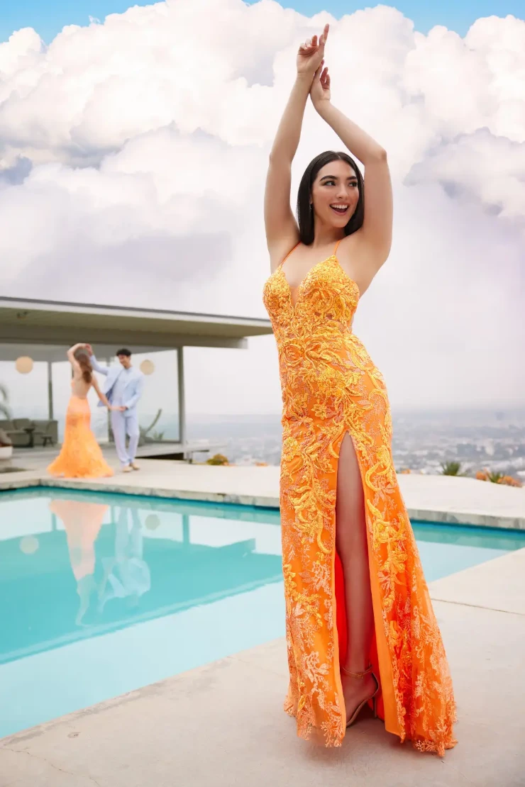 EW35060 LACE UP BACK PROM DRESS WITH A PLUNGING SWEETHEART NECKLINE #5 Orange picture