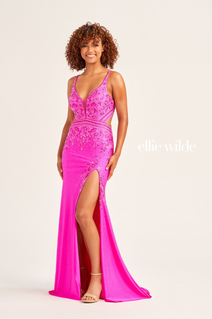 EW35063 STONE ACCENTS ON GLITTER JERSEY WITH SIDE WAIST CUT OUT #4 Hot Pink picture