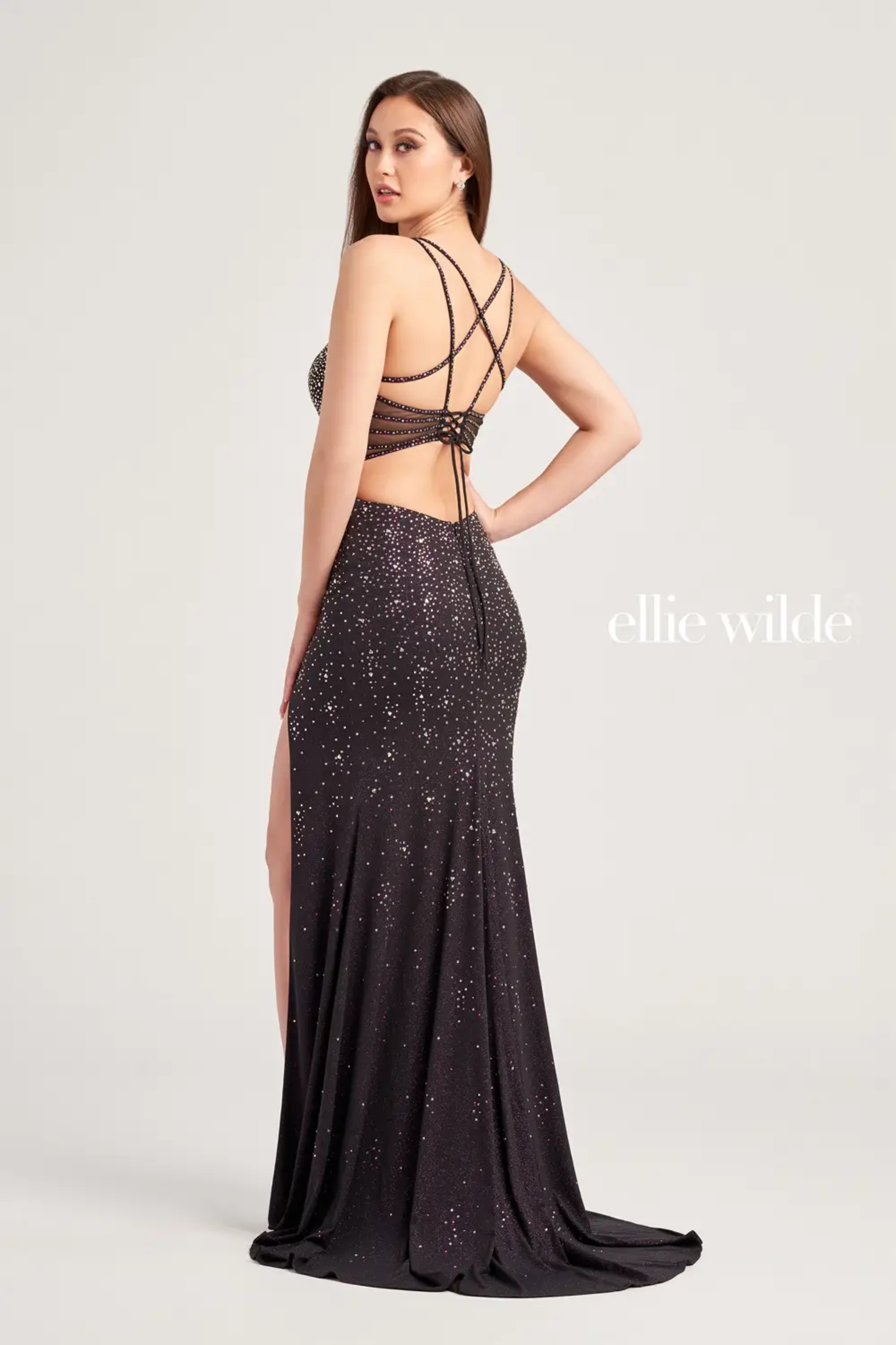 Full size EW35064 HIGH SLIT PROM DRESS COVERED IN STONE ACCENTS ON GLITTER JERSEY WITH A LACE UP BACK #2 default Blackberry picture