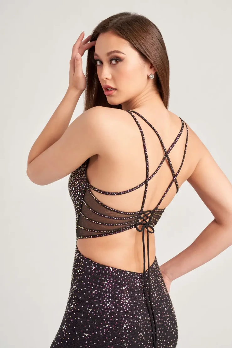 EW35064 HIGH SLIT PROM DRESS COVERED IN STONE ACCENTS ON GLITTER JERSEY WITH A LACE UP BACK #5 Blackberry picture