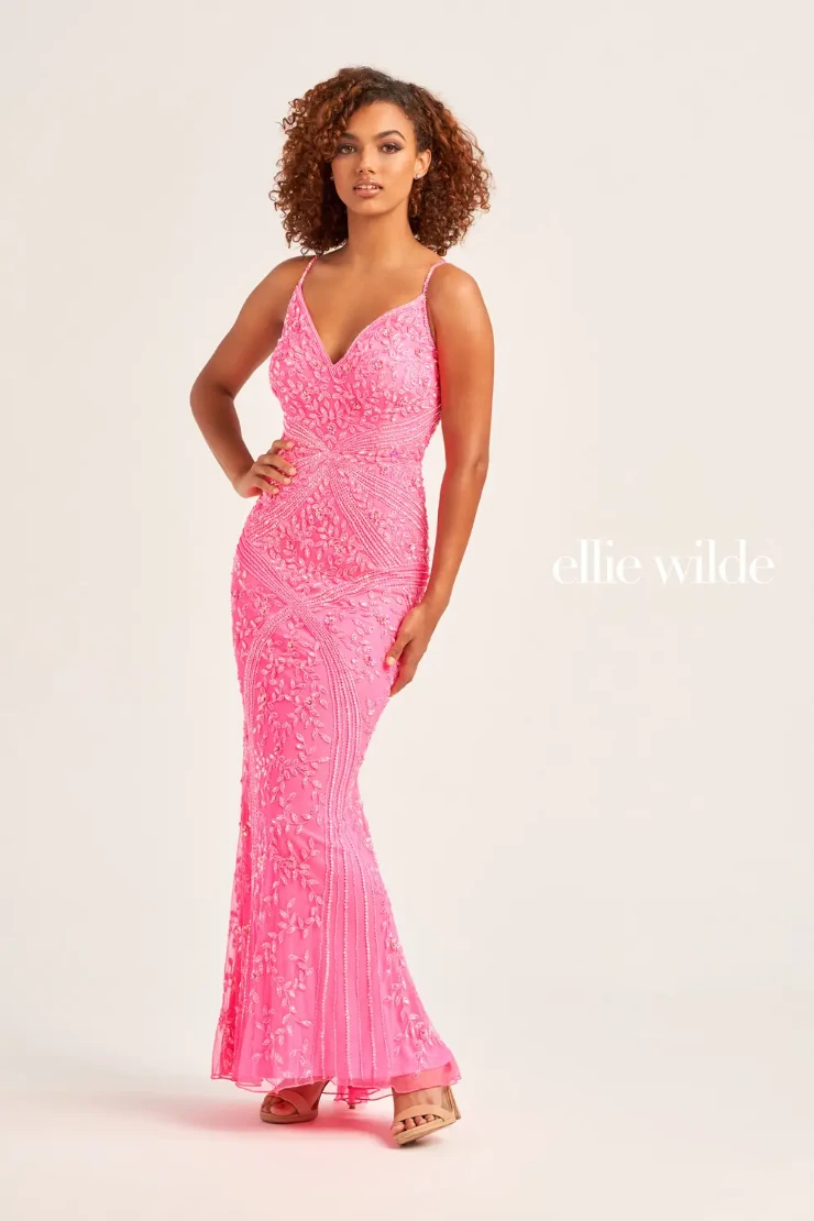 EW35065 BEADED SHEATH GOWN FEATURING A LACE UP BACK #0 default Hot Pink picture