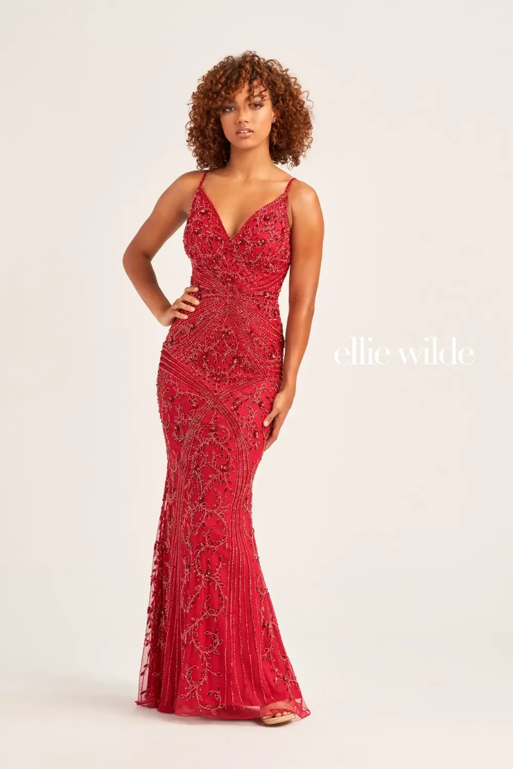 EW35065 BEADED SHEATH GOWN FEATURING A LACE UP BACK #1 default Wine picture