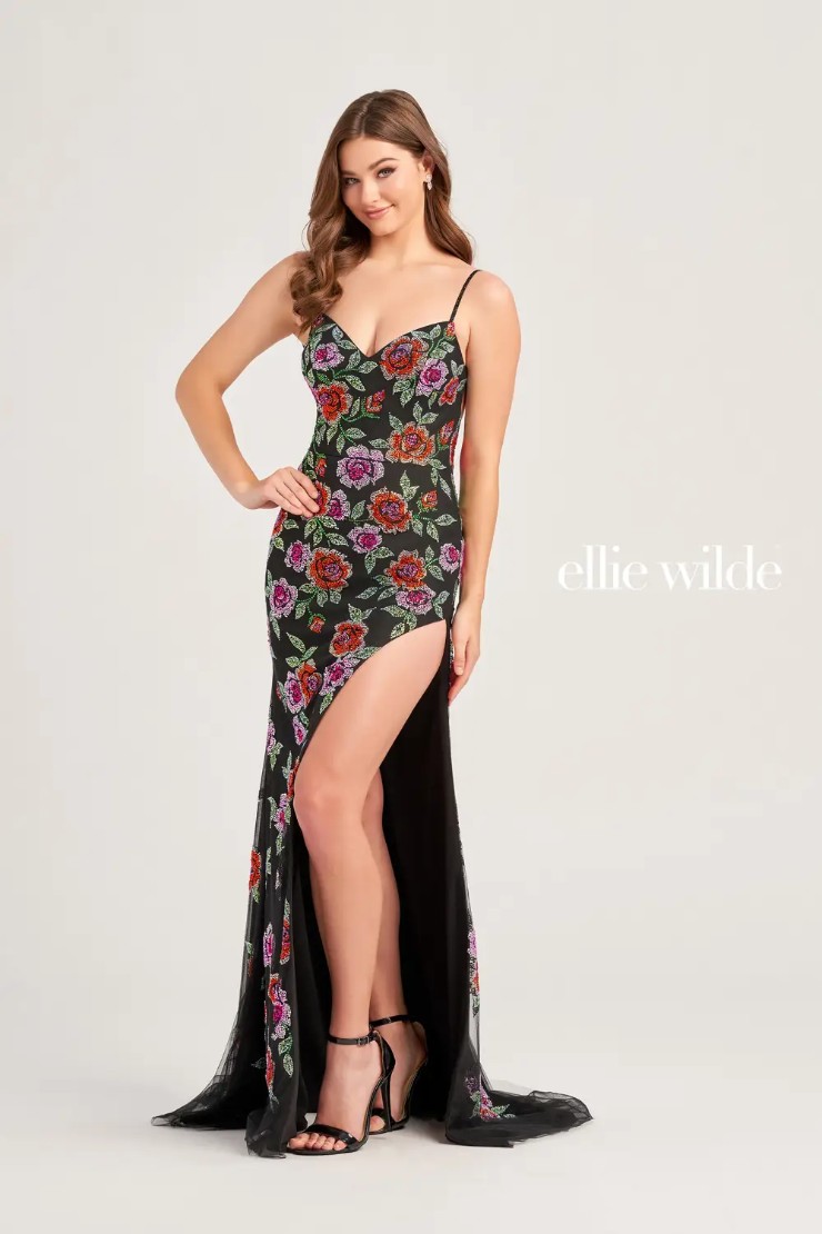 EW35069 MULTI COLOR STONE ACCENTS ON GLITTER TULLE AND A SHARK BITE SLIT #0 default Black/Multi picture
