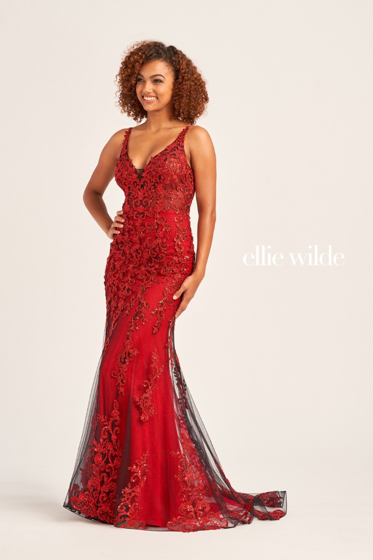 EW35071 OPEN BACK TRUMPET PROM DRESS COVERED IN CORDED LACE #3 Wine picture