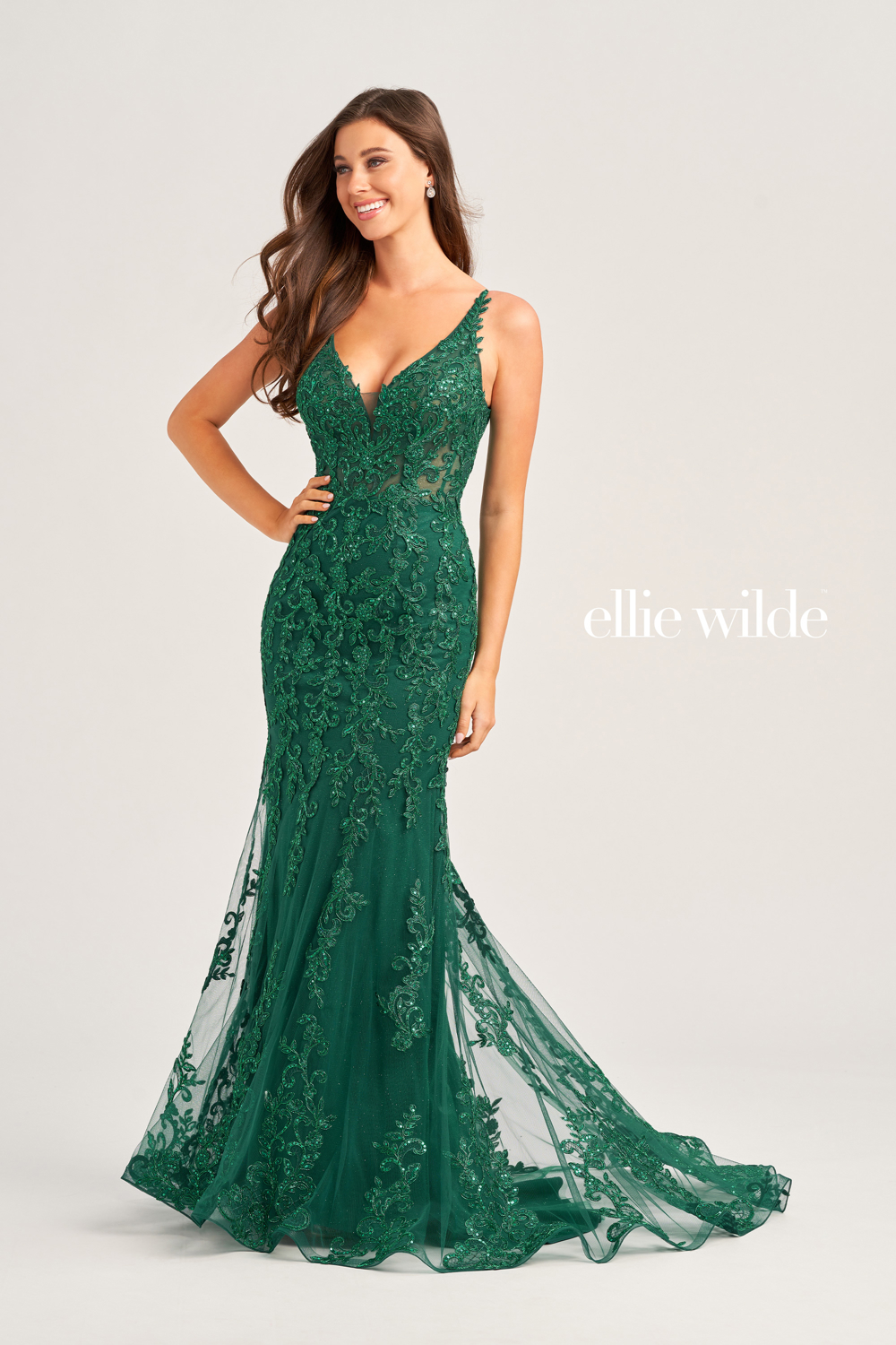 Full size EW35071 OPEN BACK TRUMPET PROM DRESS COVERED IN CORDED LACE #3 Emerald picture