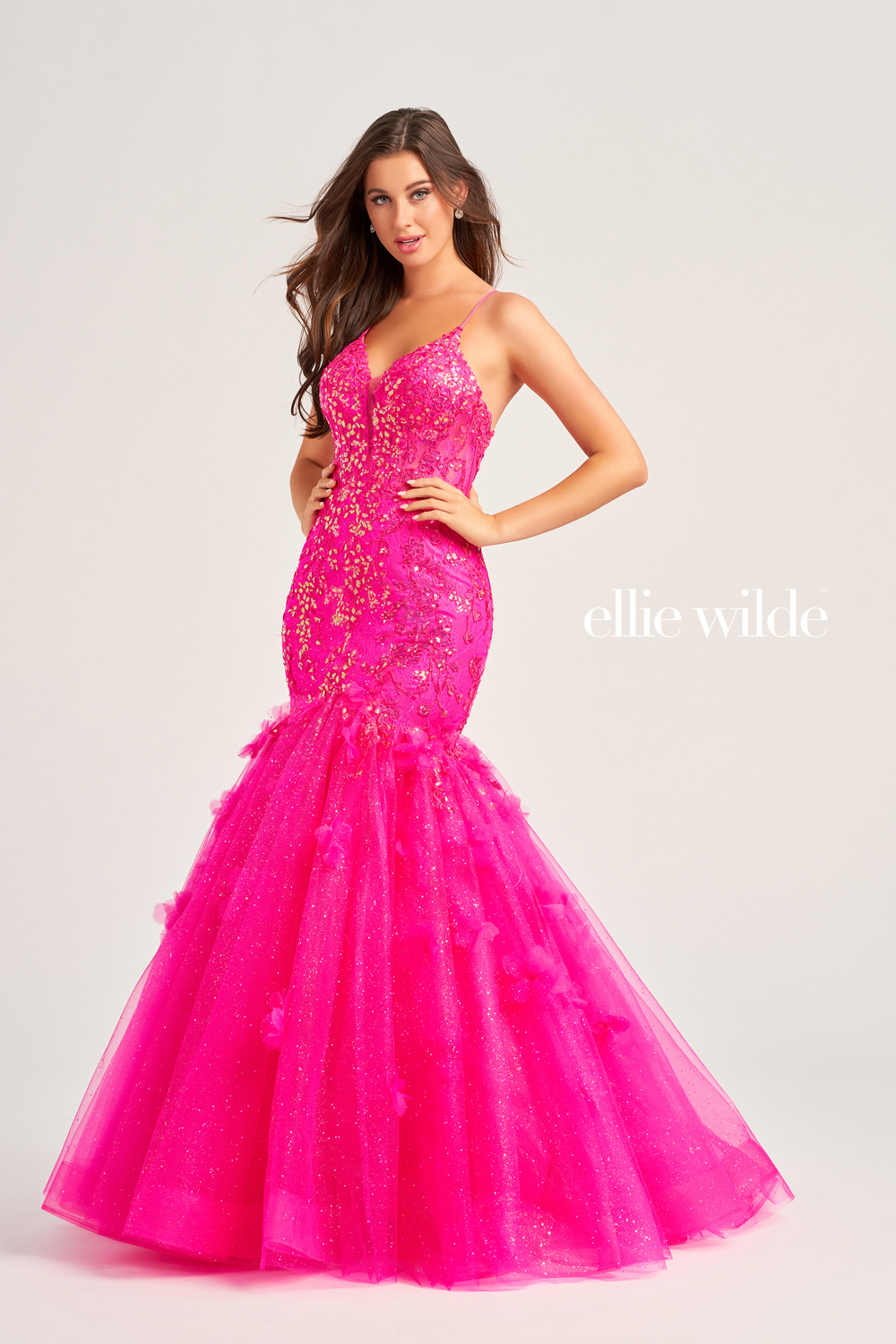 Full size EW35080 ALLOVER LACE MERMAID GOWN WITH SHEER CORSET BODICE AND LACE UP BACK #4 Hot Pink picture