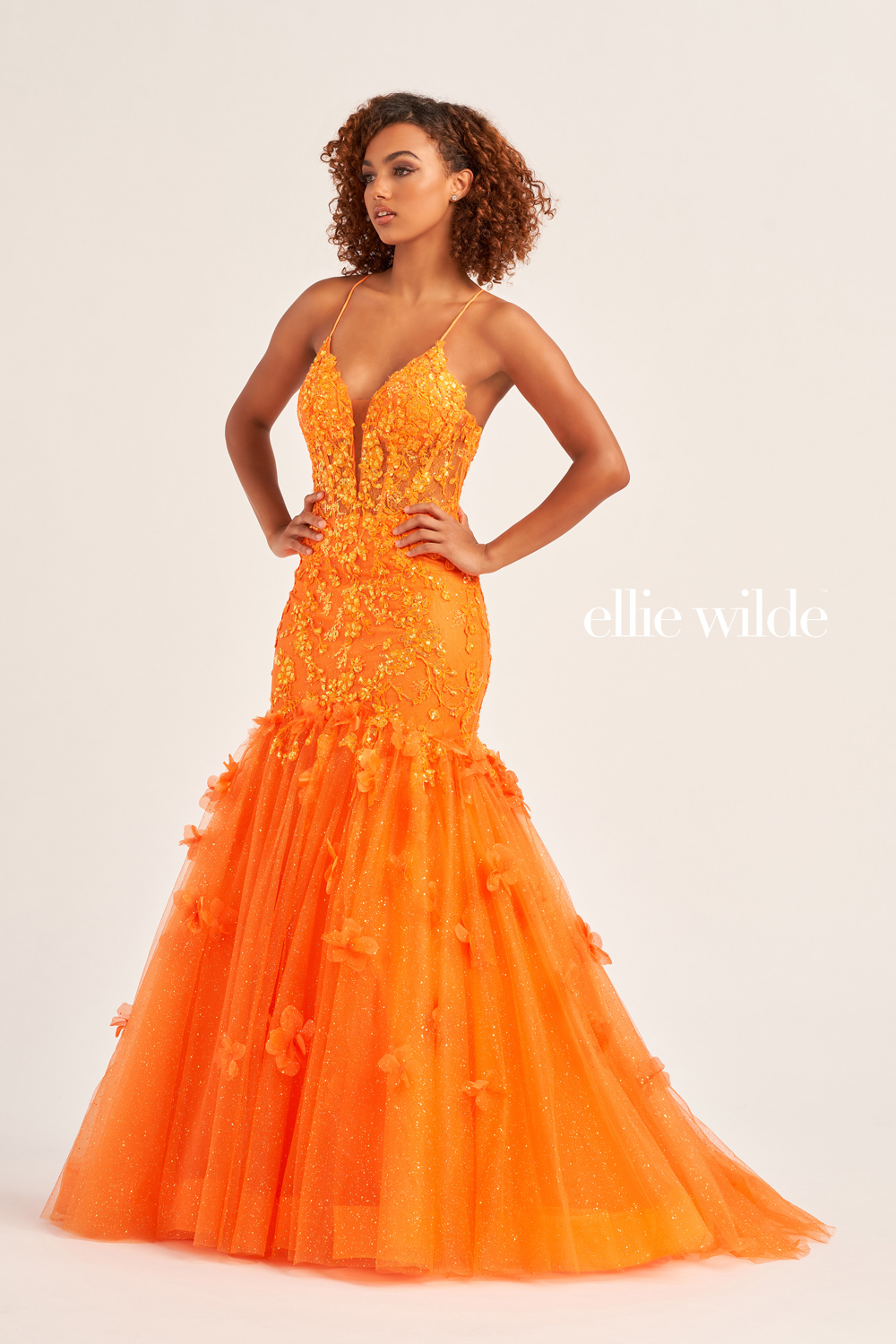 Full size EW35080 ALLOVER LACE MERMAID GOWN WITH SHEER CORSET BODICE AND LACE UP BACK #3 Orange picture