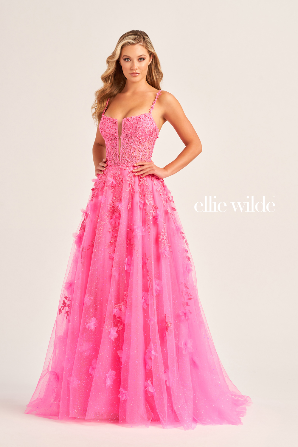 Full size EW35081 THREE-DIMENSIONAL FLORAL LACE A-LINE WITH POCKETS AND LACE UP BACK #3 Hot Pink picture